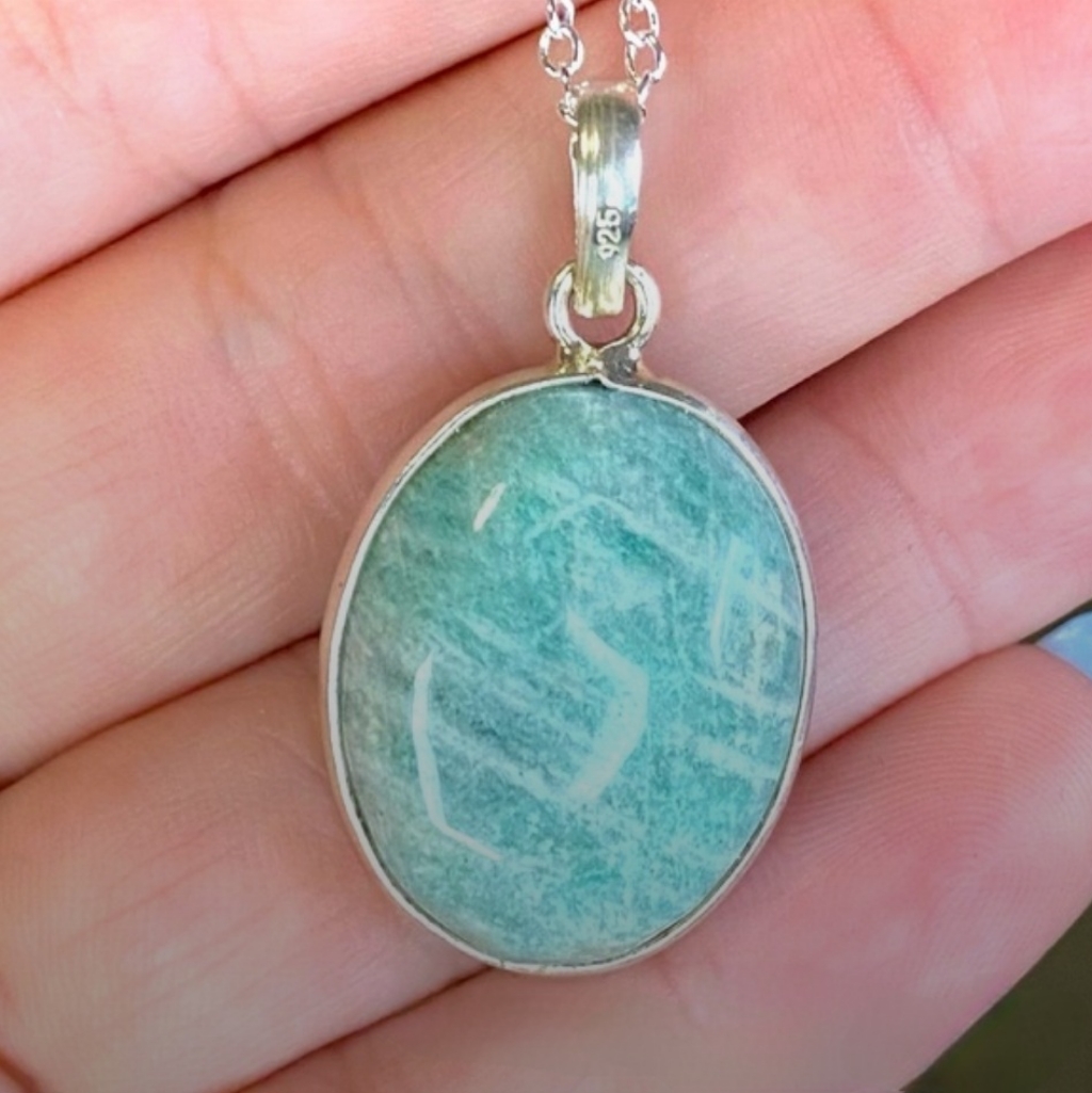 Genuine Sterling Silver And Amazonite Pendant Necklace Aqua Blue